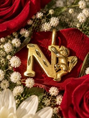 10K Gold Initial 'N' Pendant Charm with Cherub Accent